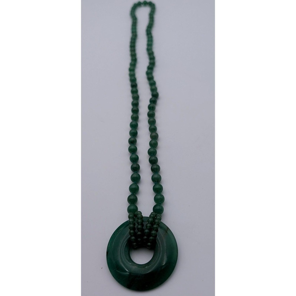 Green Jadeite Jade Beaded Necklace Circular Donut Pendant Natural Stone 33 Inch
